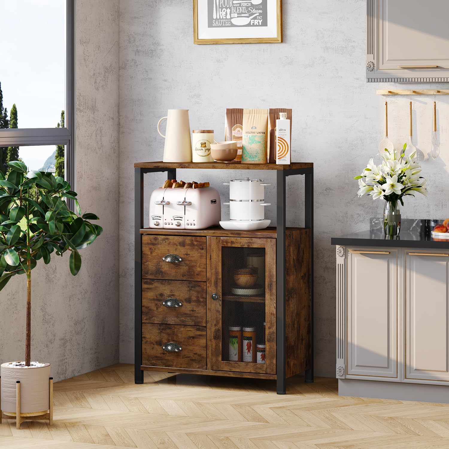 Homeiju Bathroom Floor Storage Cabinet Organizer with 3 Removable Drawers and 1 Door, Industrial Floor Storage Cabinet for Kitchen, Living Room, Bathroom, Home Office
