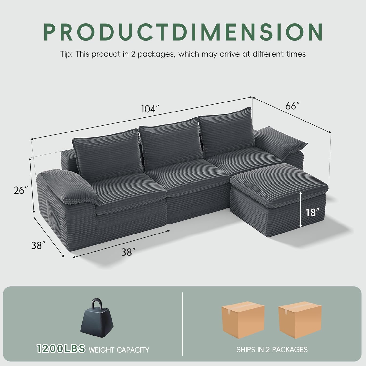 104" Cloud Sectional Couch, Boneless Couches for Living Room, L Shaped Couch with Ottoman, Modular Sectional Sofa with Deep Seat, Modern Boneless Sofa for Living Room, No Assembly (Grey, L-Shaped)