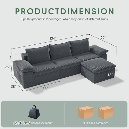 104" Cloud Sectional Couch, Boneless Couches for Living Room, L Shaped Couch with Ottoman, Modular Sectional Sofa with Deep Seat, Modern Boneless Sofa for Living Room, No Assembly (Grey, L-Shaped)