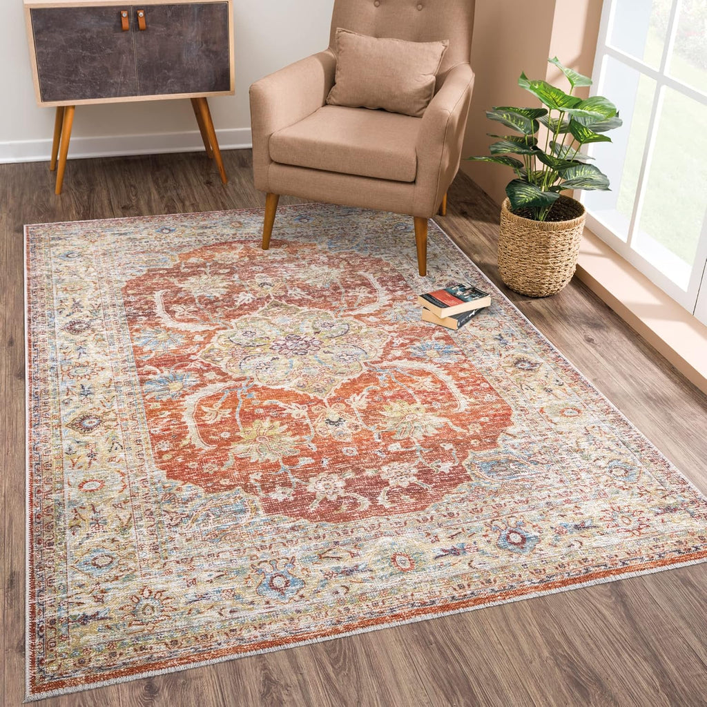 Bloom Rugs Caria Washable Non-Slip 9x12 Rug - Orange/Olive Beige Traditional Area Rug for Living Room, Bedroom, Dining Room, and Kitchen - Exact Size: 9' x 12'
