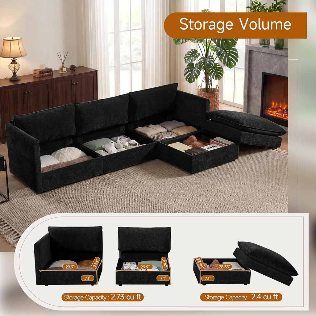 Modular Sofa with Storage, 103" L Shape Sectional Cloud Couch, Comfy Fabric Couch with Movable Ottoman, 4 Seat Modern Deep Seat Sofa for Living Room (Black Chenille)