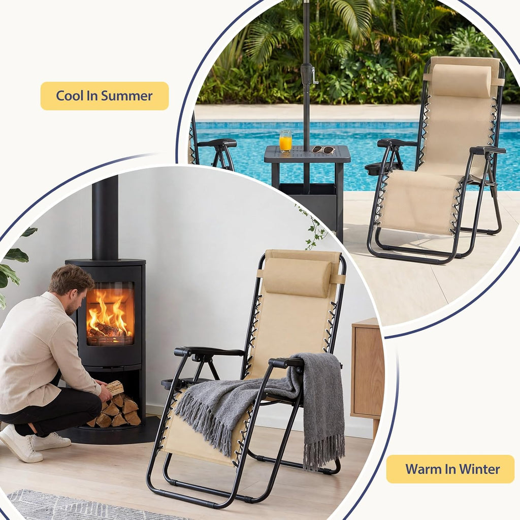 Sweetcrispy Zero Gravity Chairs, Set of 2 Portable Recliner Beach Camping Patio Outdoor Folding Lounge Chair with Cup Holder Trays and Adjustable Pillow for Poolside, Garden, Backyard, Lawn (Khaki)