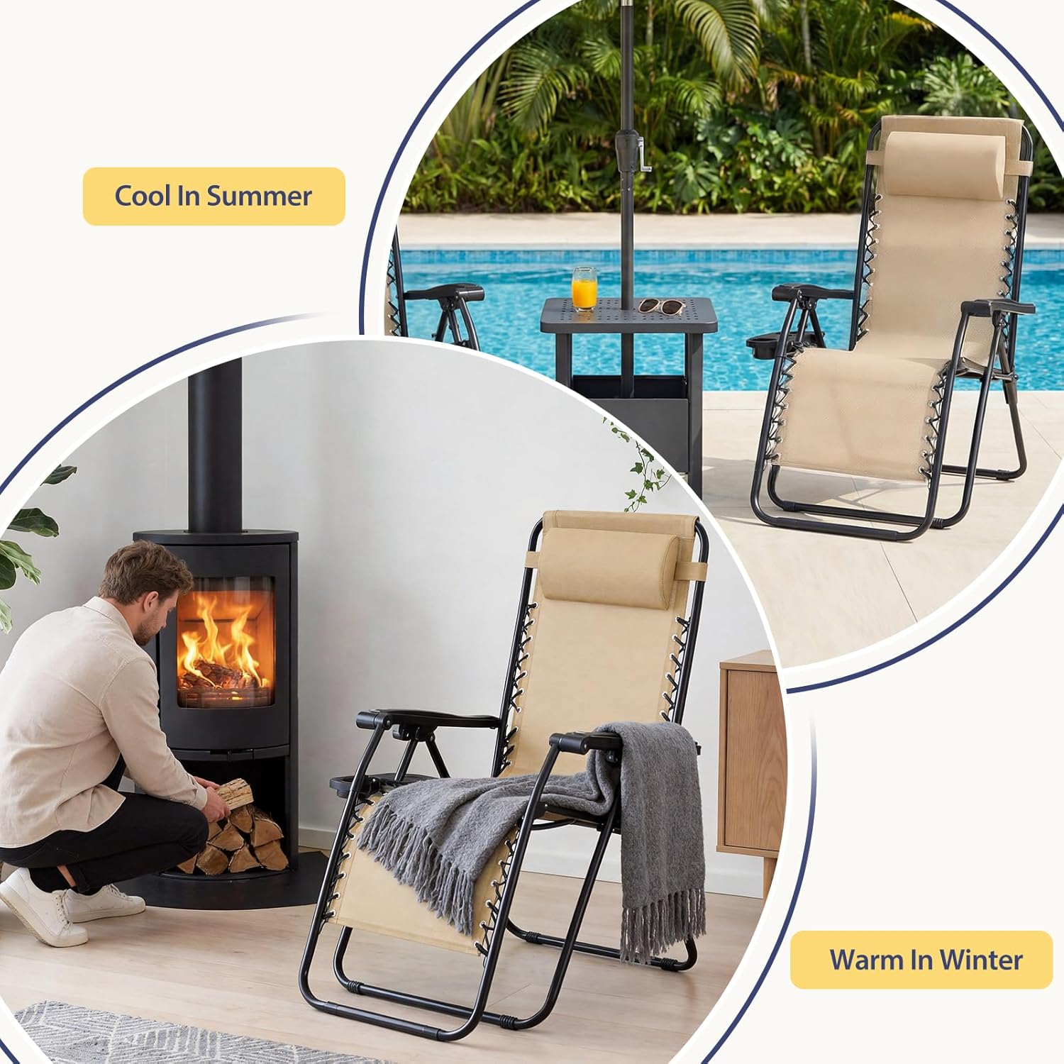 Sweetcrispy Zero Gravity Chairs, Set of 2 Portable Recliner Beach Camping Patio Outdoor Folding Lounge Chair with Cup Holder Trays and Adjustable Pillow for Poolside, Garden, Backyard, Lawn (Khaki)