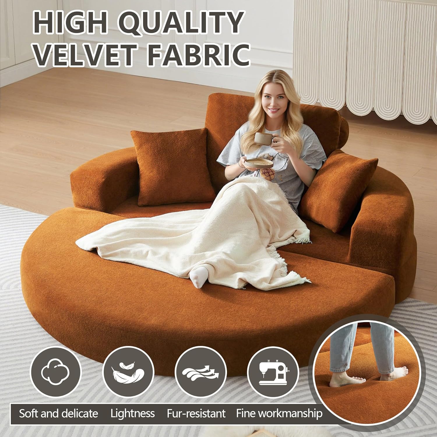 71" Boneless Couch Sofa Bed Oversized Round Couch 2-in-1 Foldable Floor Loveseat Sofa for Living Room and Apartment No Assembly (Orange, 71")