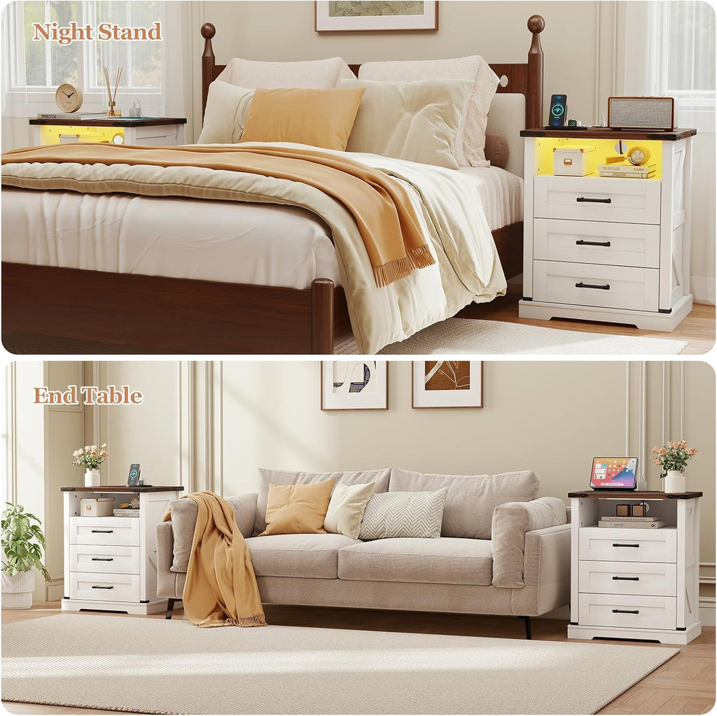 Turosur Night Stand with Charging Station 22" Large Farmhouse Nightstands with 3 Drawers and Open Storage Smart Bedside Table with Human Sensor LED Light End Tables for Bedroom White