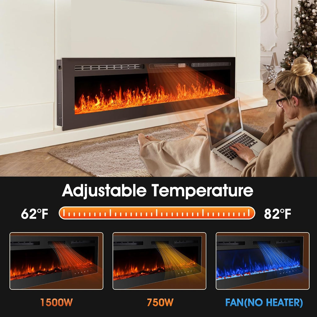 80 inch Ultra-Thin Electric Fireplace Recessed and Wall Mounted with Touch Screen Control Panel/Remote Control- Timer,Realistic 5 Flame - Log & Crystal Hearth Options