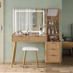 47.2'' Fluted Makeup Vanity with LED Mirror, 5 Drawers Vanity Desk with Charging Station, Jewelry Storage Cabinet, 3 Lighting Modes, Glass Top Vanity with Chair for Bedroom, Natural