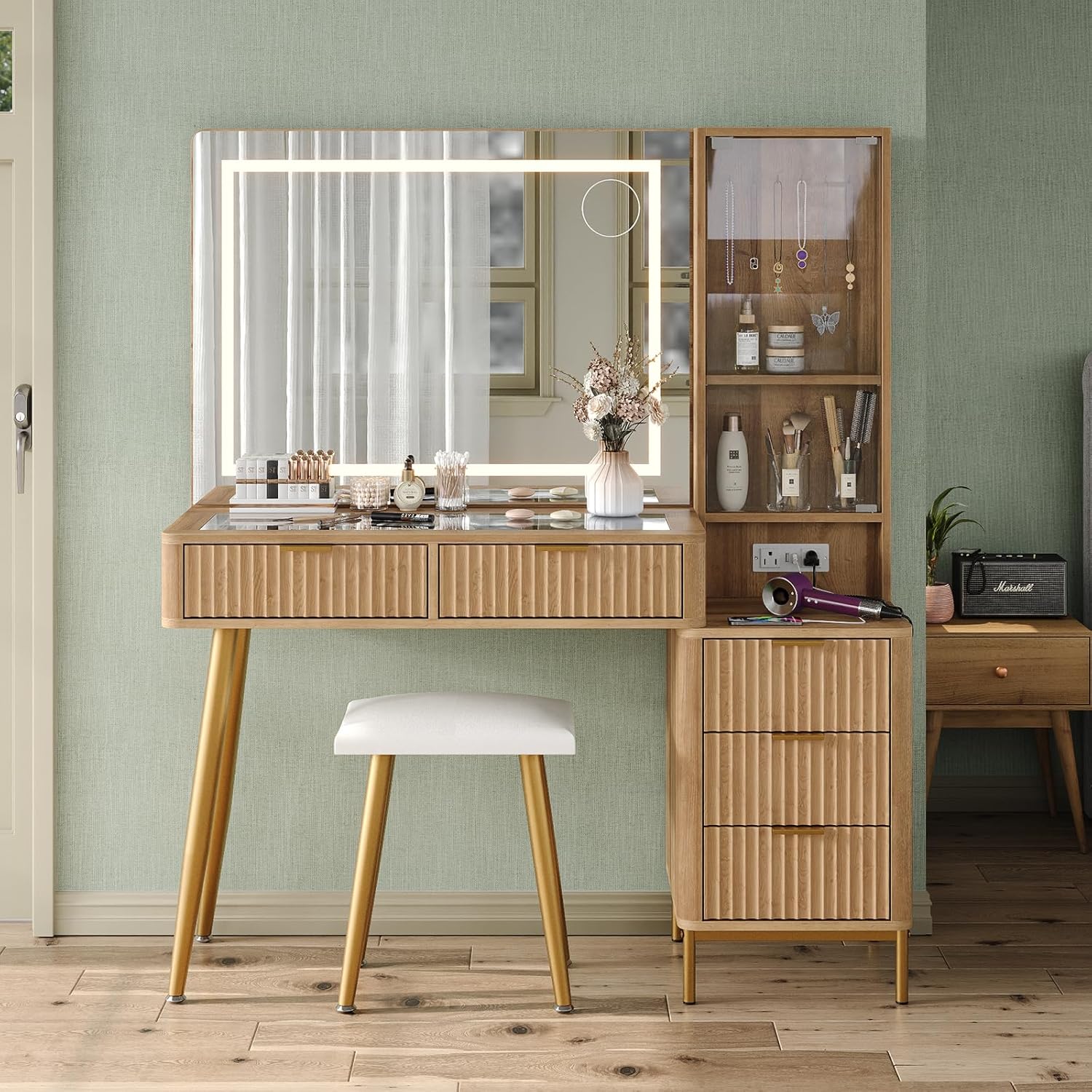 47.2'' Fluted Makeup Vanity with LED Mirror, 5 Drawers Vanity Desk with Charging Station, Jewelry Storage Cabinet, 3 Lighting Modes, Glass Top Vanity with Chair for Bedroom, Natural