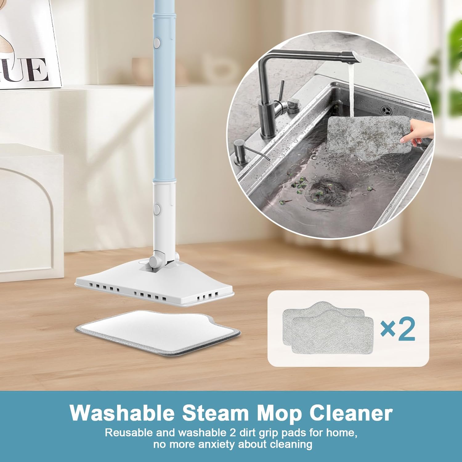 7-in-1 Steam Mop, 1200W Rotated Steam Cleaner for Home, 2 Modes, 400ML Removable Tank, 23FT Power Cord, 2 Pads, Multi-Surface Steamer for Hard Floor, Laminate Floor, Tiles Cleaning (Ocean Blue)