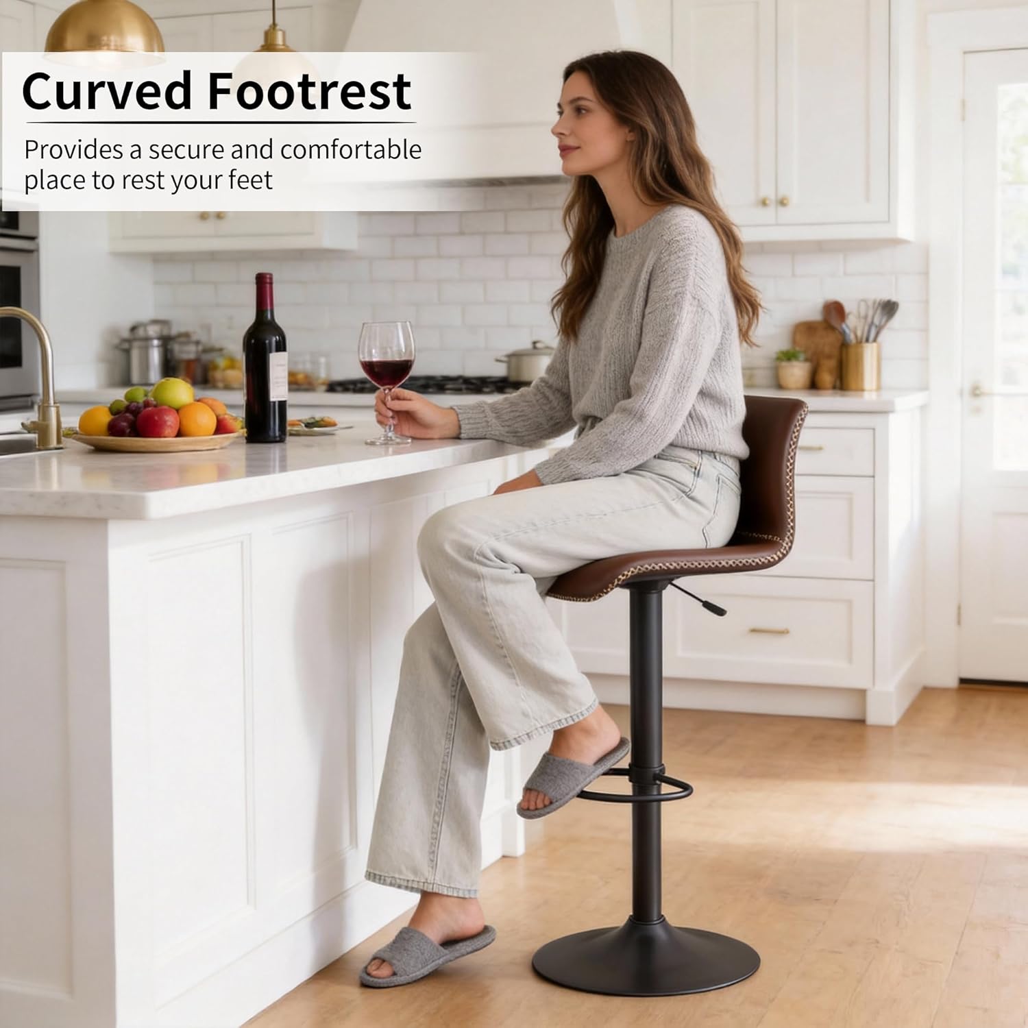HeuGah Swivel Bar Stools Set of 4, Counter Height Bar Stools with Back, Adjustable Bar Stools 24" to 32", Brown Faux Leather Bar Chairs for Kitchen Island (Brown, Set of 4 (24'' to 32''))