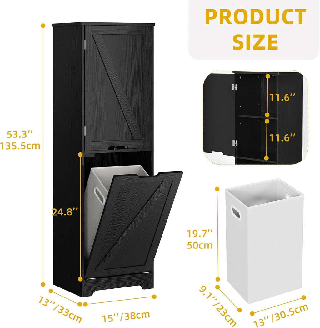 DWVO Tilt Out Laundry Hamper - 53" Tall Bathroom Storage Cabinet Laundry Cabinet with Adjustable Shelves and Clothes Basket, Laundry Hamper Shelf for Laundry Room Bathroom Organizer, Black