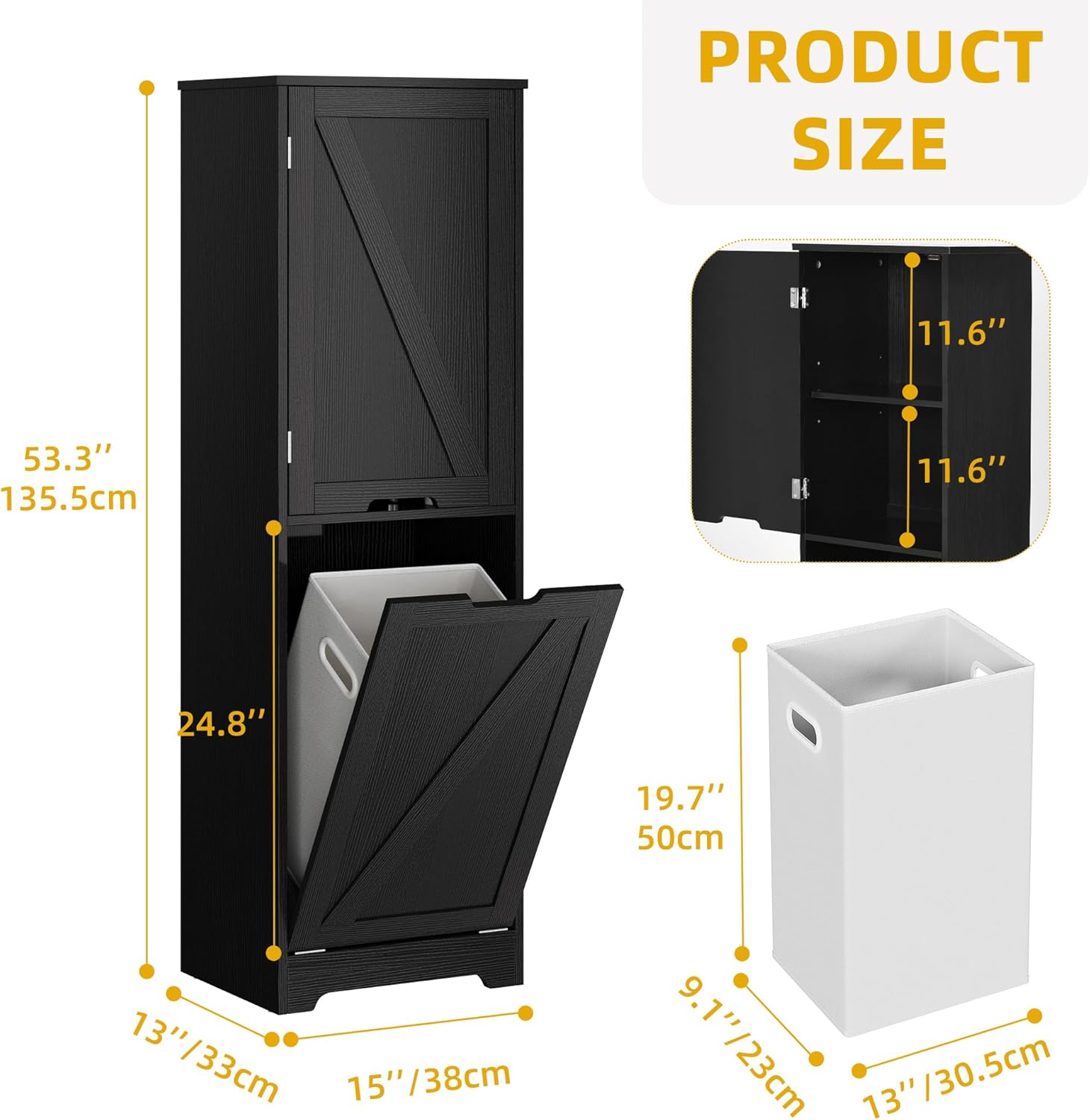 DWVO Tilt Out Laundry Hamper - 53" Tall Bathroom Storage Cabinet Laundry Cabinet with Adjustable Shelves and Clothes Basket, Laundry Hamper Shelf for Laundry Room Bathroom Organizer, Black