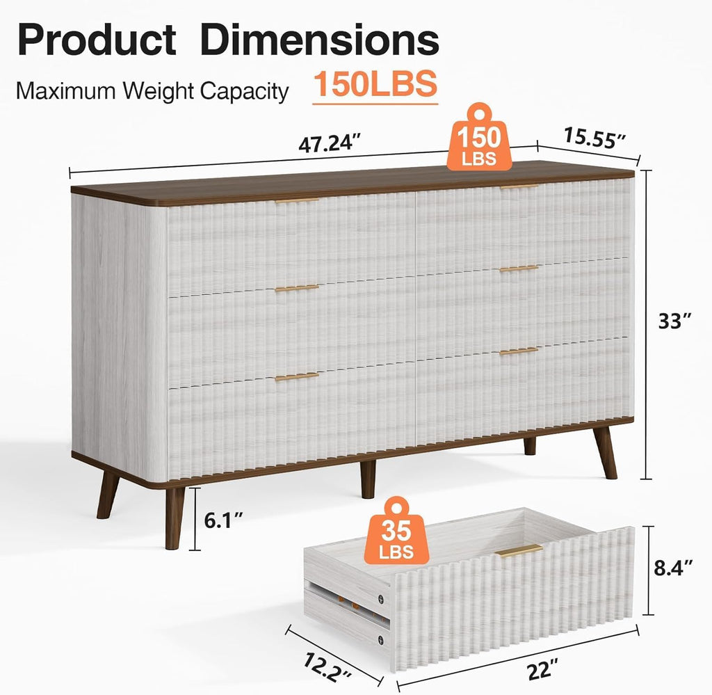 Fluted 6 Drawers Dresser, 47" Wide Wooden Chest of Drawers, Modern Mid Century Storage Closet Long Large TV Stand for Bedroom, Living Room,Hallway, Entryway, Nursery Room, Beige + Walnut