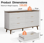 Fluted 6 Drawers Dresser, 47" Wide Wooden Chest of Drawers, Modern Mid Century Storage Closet Long Large TV Stand for Bedroom, Living Room,Hallway, Entryway, Nursery Room, Beige + Walnut