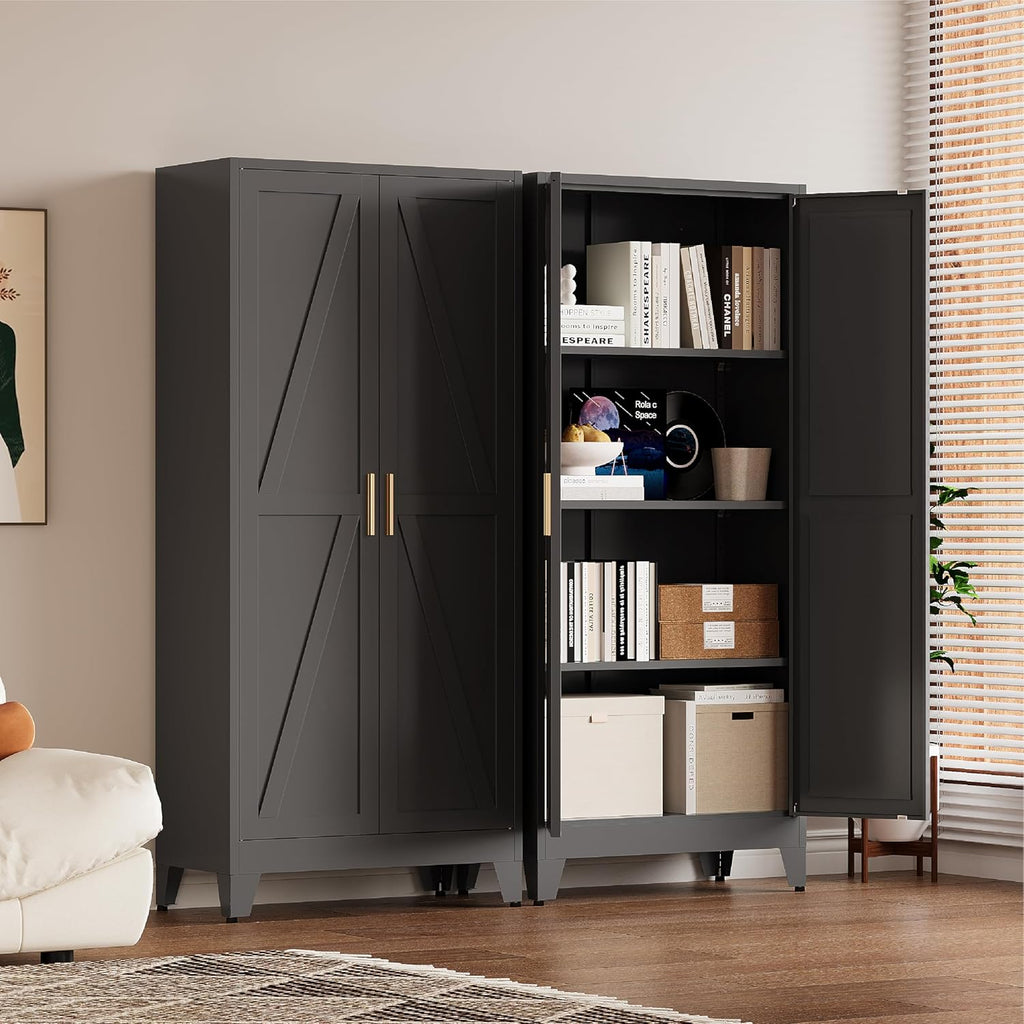 Metal Pantry Cabinet, 61”H Kitchen Pantry Storage Cabinets with 2 Doors & 3 Adjustable Shelves, Black Kitchen Pantries Cabinet, Tall Cabinet with 2 Gold Handles for Dining Room, Living Room