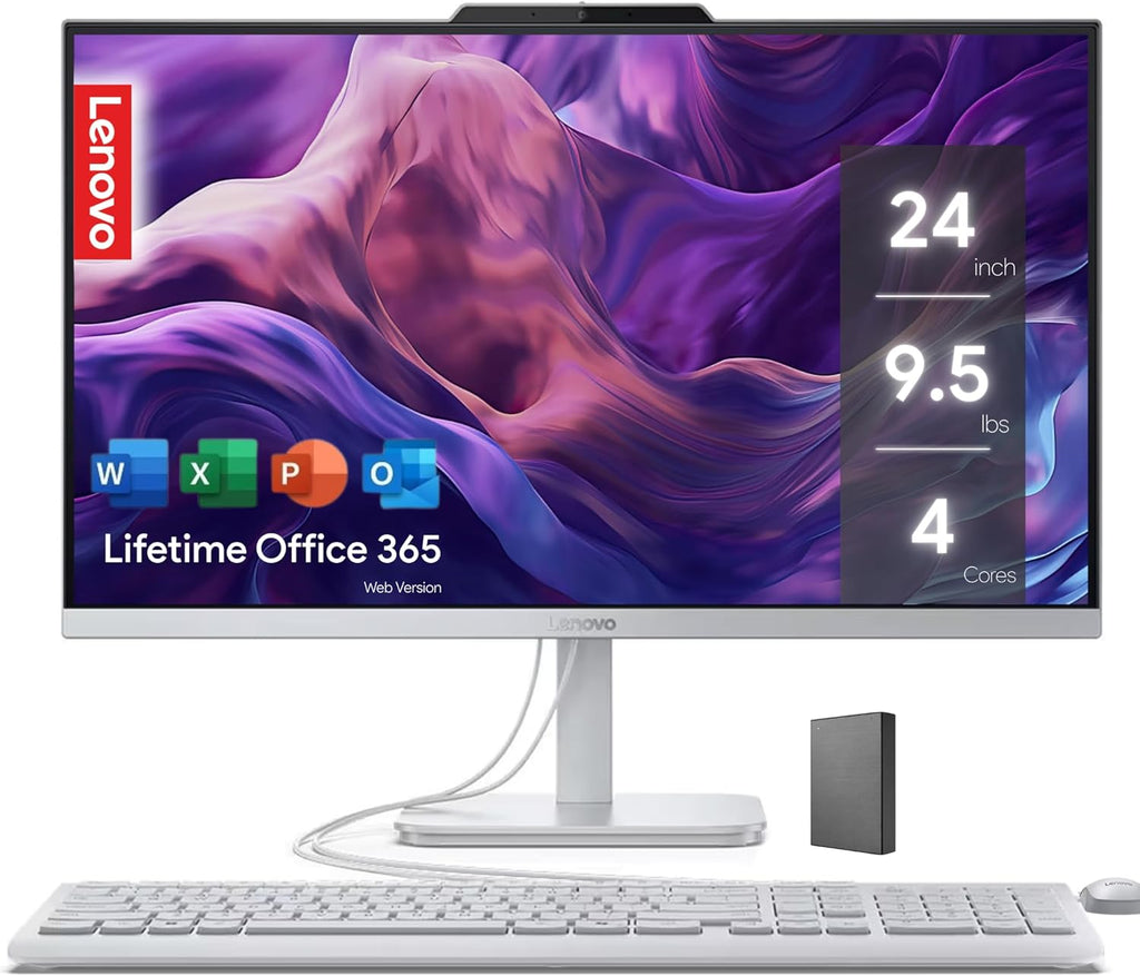Lenovo IdeaCentre Everyday Tasks 24" Full HD All-in-One Desktop Computer • Office 365 for The Web • Intel 4-Cores • 256GB SSD • 8GB RAM • KB and Mouse • Windows 11