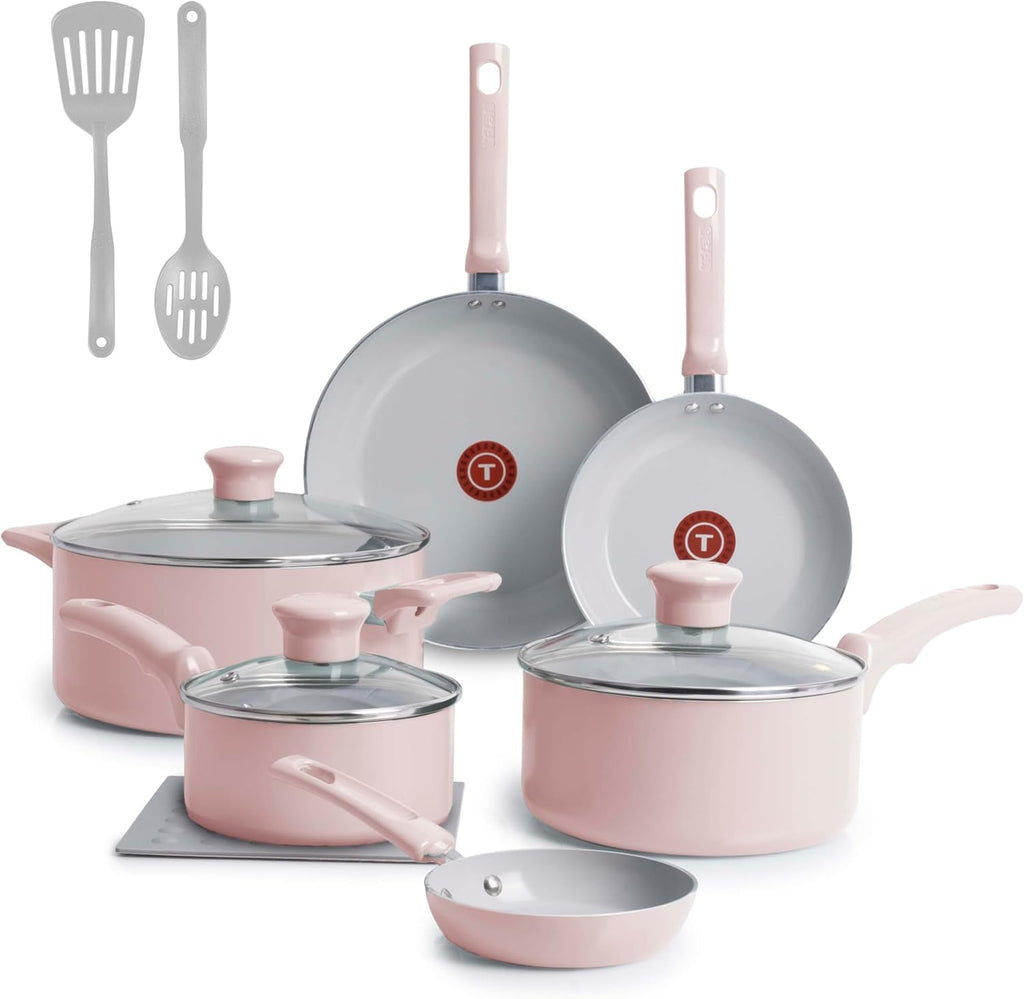 T-Fal Refresh Ceramic Nonstick Cookware Set, 12-Piece Ceramic Pots and Pans Set, Oven Safe to 350°F, Includes Stockpot, Griddle, Frying Pans, & Utensils, Dusty Rose