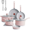 T-Fal Refresh Ceramic Nonstick Cookware Set, 12-Piece Ceramic Pots and Pans Set, Oven Safe to 350°F, Includes Stockpot, Griddle, Frying Pans, & Utensils, Dusty Rose