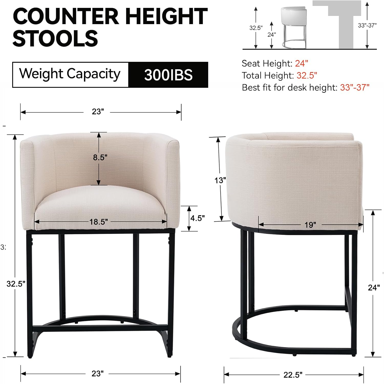 Contemporary Cream Linen Bar Stools Set of 3, 24" Upholstered Fabric Counter Height Barstools Kitchen Counter Island Stools with Screwed Together Black Metal Base