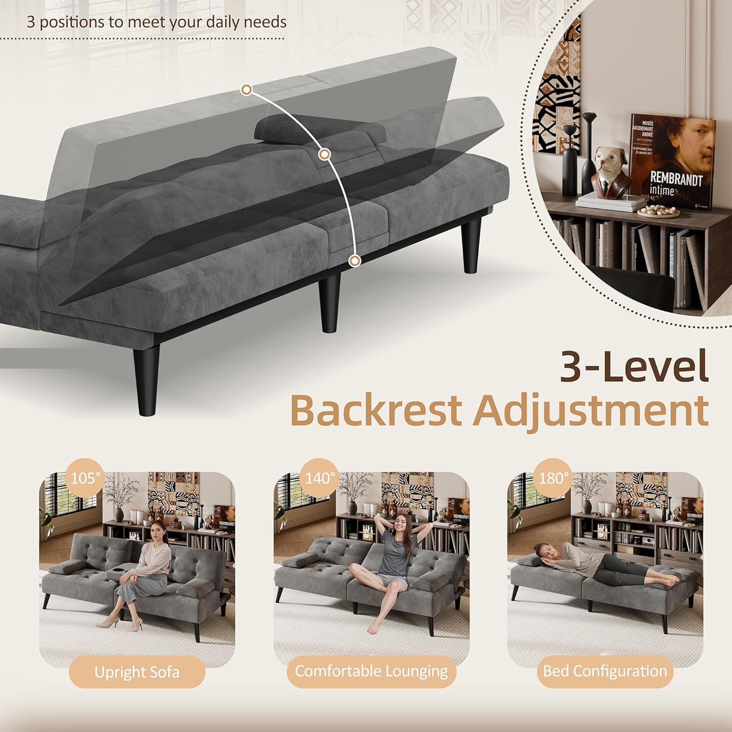 Shintenchi Futon Sofa Bed, Velvet Foldable Couch, Reclining Sleeper with Removable Armrests, Upholstered Loveseat Sofa Couch with Folding Cup Holders for Home, Office, Dark Grey