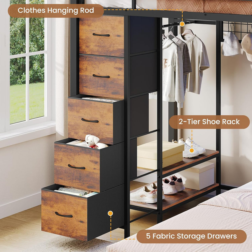 VIAGDO Bunk Bed Twin Over Twin with 5 Storage Drawers, Twin Bunk Beds with Charging Station and Lights, L-Shaped Metal Bunk Bed with Shelves, Bedside Pocket, Guardrail & Ladder for Kids, Teens, Black