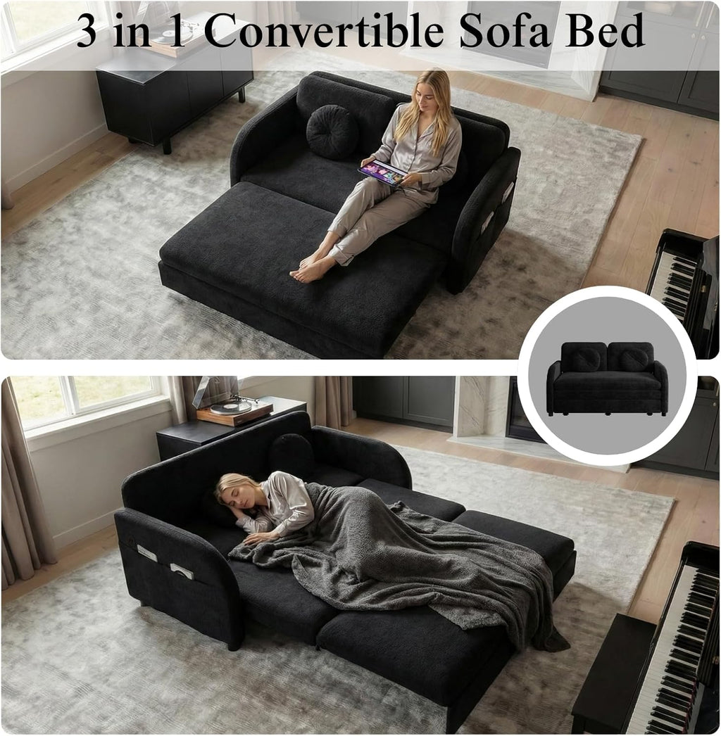 3-in-1 Sleeper Sofa Loveseat with Pull-Out Bed, Chenille Convertible Couch with Double-Layer Cushions, USB Ports & Storage Pockets for Living Room and Apartment (Black, 52.4") | Convertible Sleeper