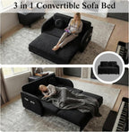 3-in-1 Sleeper Sofa Loveseat with Pull-Out Bed, Chenille Convertible Couch with Double-Layer Cushions, USB Ports & Storage Pockets for Living Room and Apartment (Black, 52.4") | Convertible Sleeper