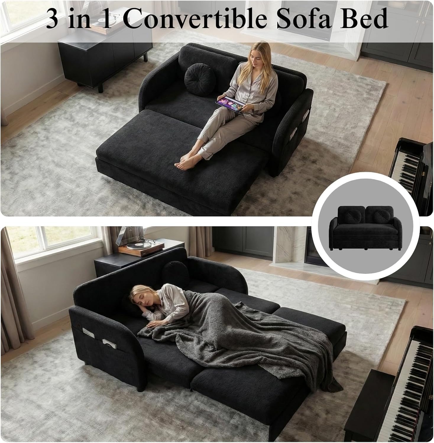 3-in-1 Sleeper Sofa Loveseat with Pull-Out Bed, Chenille Convertible Couch with Double-Layer Cushions, USB Ports & Storage Pockets for Living Room and Apartment (Black, 52.4") | Convertible Sleeper