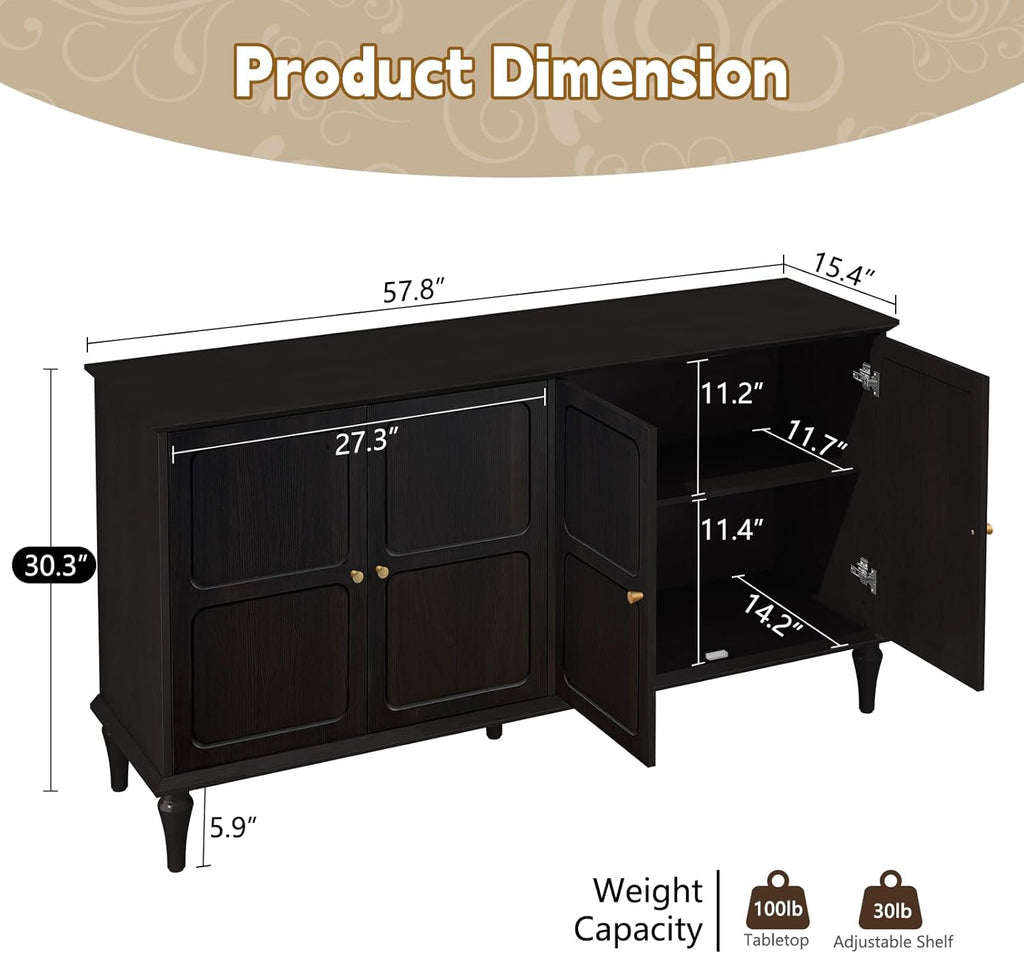 ARTPOWER 58'' Mid-Century Modern Buffet Storage Cabinet with 4 Doors and Adjustable Shelves, Accent Style Sideboard for Entryway, Dining Room, Living Room, Espresso Brown
