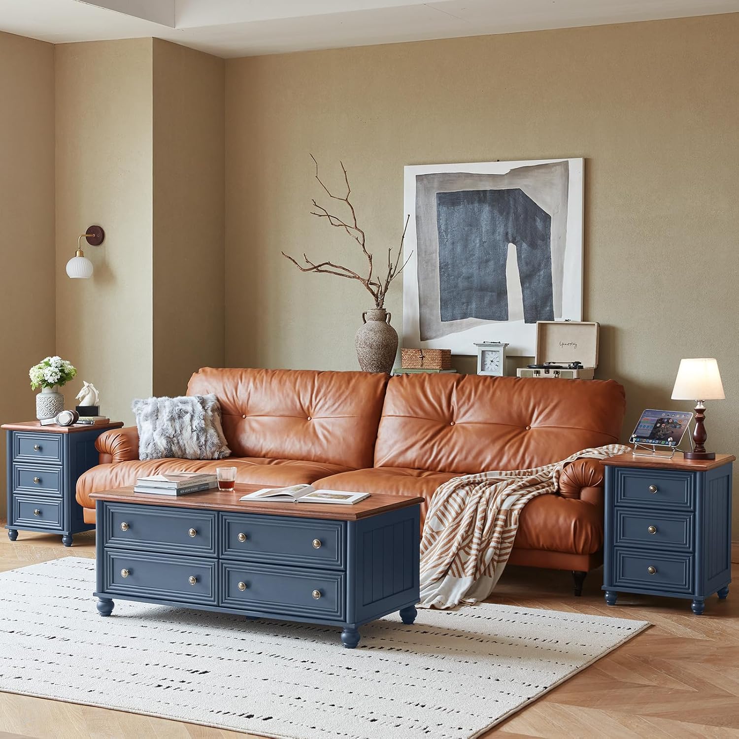 Farmhouse Dresser and Nightstand Sets 4 Piece, Wooden 6 Drawers Dresser & 43.5" Tall Chest of Drawers, 18" Roman Column Nightstand Set of 2, Furniture Dressers for Bedroom, Living Room