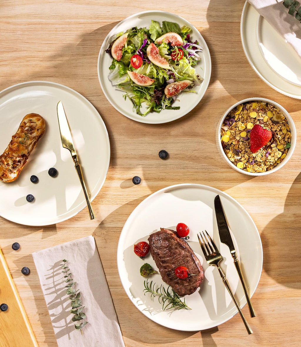 TheTerra Ceramic Dinnerware Sets for 6, 18 Pieces Porcelain Lightweight Plates and Bowls Sets, Scratch Resistant Dish Set, Oven & Microwave & Dishwasher Safe, Beige