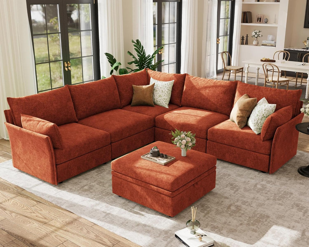 ABCASA 103.5" Oversized Modular Sectional Sofa, L Shaped Convertible Couch with Movable Ottoman, Large 6 Seat Corner Couches for Living Room Deep Seat- Terracotta Orange Chenille
