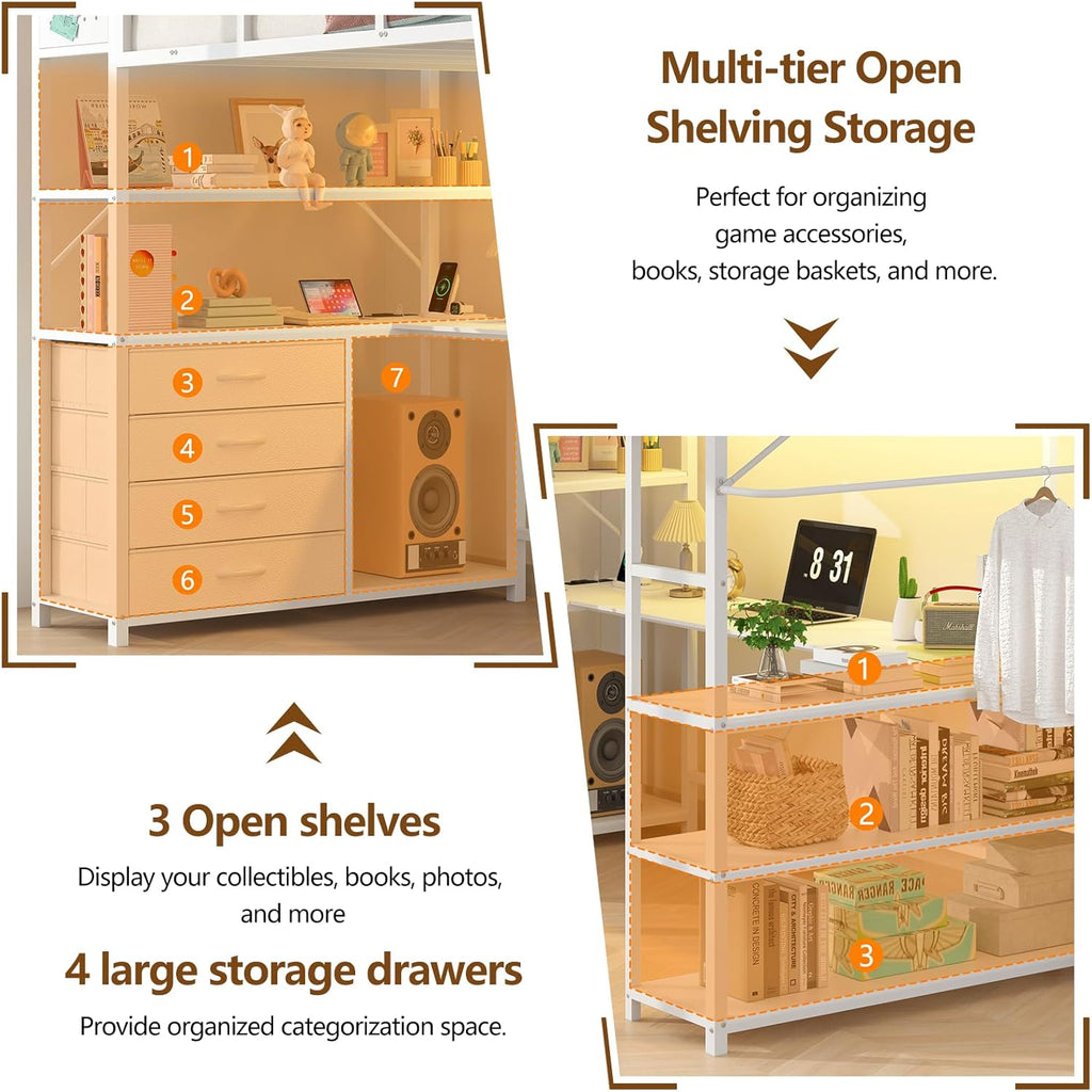 Loft Bed Twin Size with U-Shaped Desk, Metal Twin Loft Bed Frame with Storage Upholstered Headboard & LED Lights, Bunk Loft Beds with Power Outlet, Loft Beds with 4 Storage Drawers, Guard & Ladder