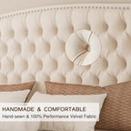 King Platform Bed Frame with Wingback Headboard, Velvet Upholstered Bed Frame with Handmade Button Tufted & Nailhead, Wooden Slats Support, Cream