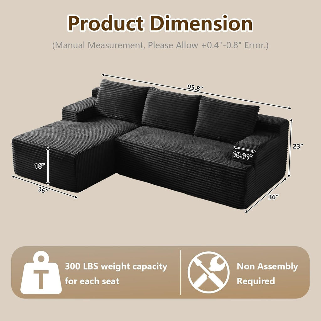 96" Modular Sectional Sofa Couches L-Shape Couch 3 Seat Modular Sofa Corduroy Memory Foam Sectional Boneless Couches for Living Room, Cloud Couch with Oversized Chaise(Black, Left Facing)