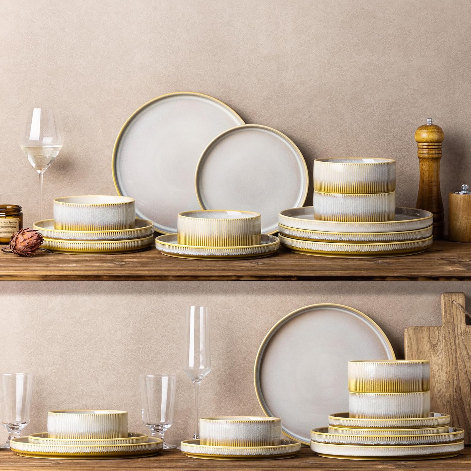 TheTerra Ceramic Dinnerware Sets for 6, 18 Pieces Porcelain Lightweight Plates and Bowls Sets, Scratch Resistant Dish Set, Oven & Microwave & Dishwasher Safe, Autumn Haze