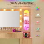 BTHFST Fluted Makeup Vanity Desk with Large 31.5" Mirror and Lights, 46.1" Wood Vanity with Charging Station & RGB Lights, Dressing Table with 6 Drawers & Cabinet & Shelves, Oak