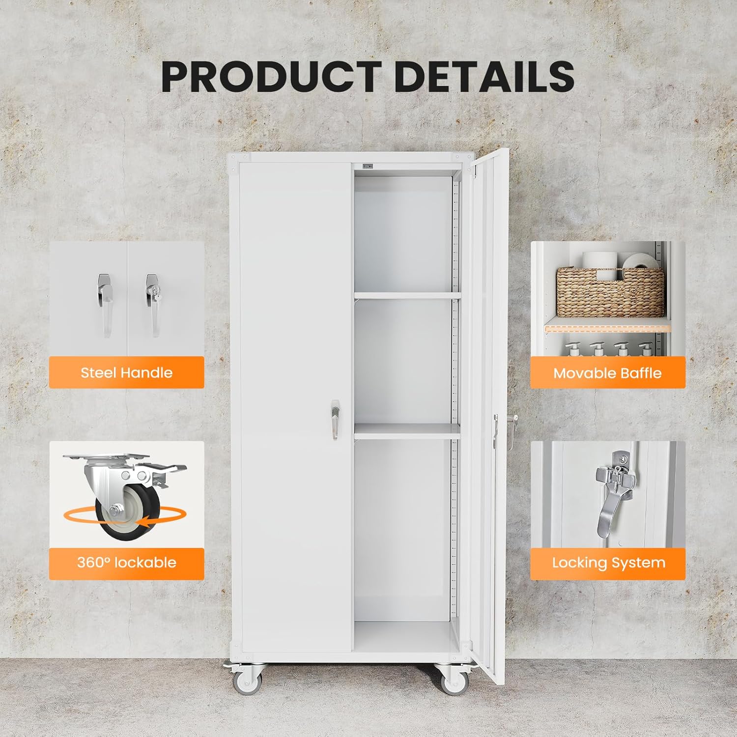 DUMOS Tall Metal Garage Storage Cabinet with Wheels and Adjustable Shelves, 72" Rolling Steel Tool Cabinet with 2 Lockable Doors for Garage, Home, Office, Gym, White