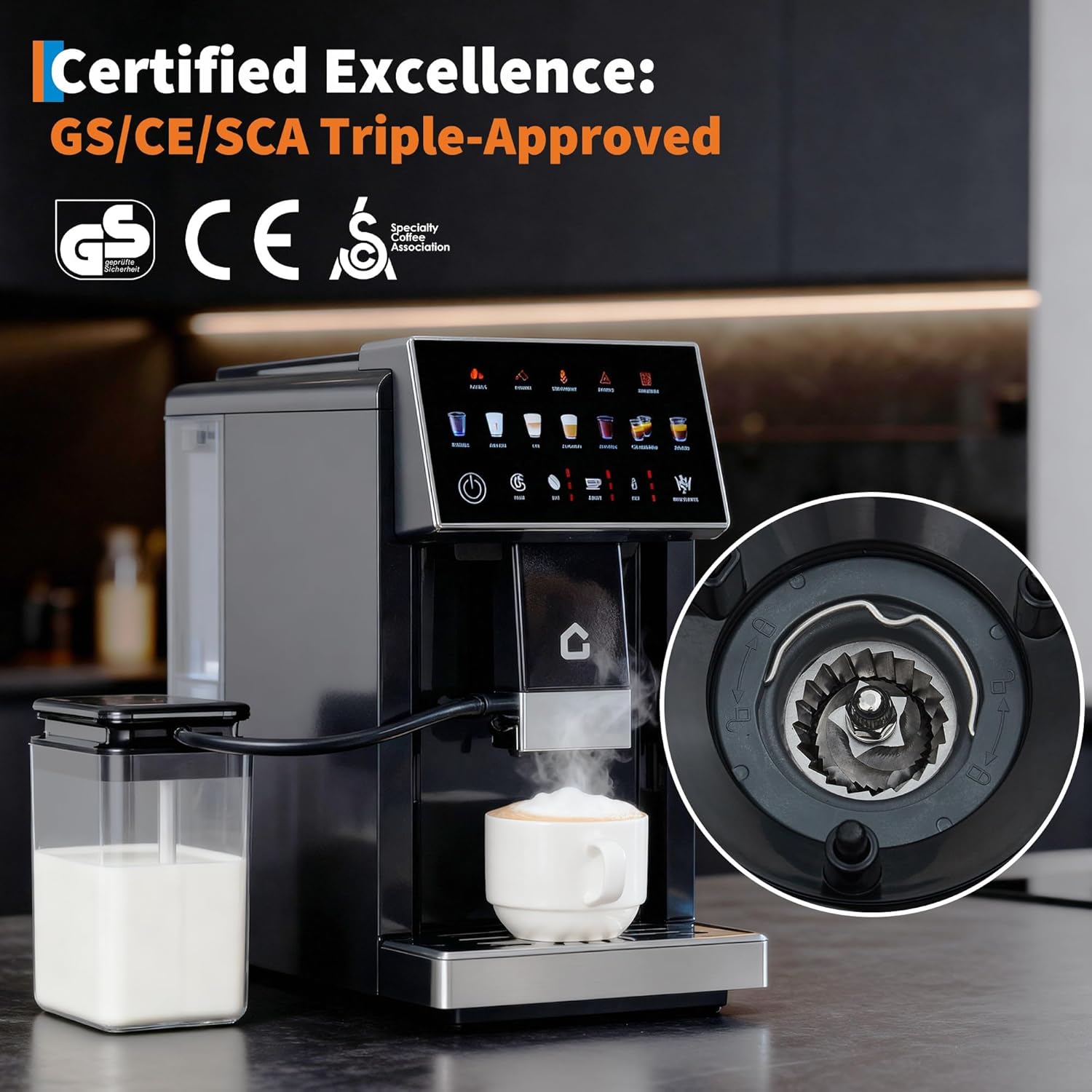 3rd-Gen Espresso Coffee Maker with Milk Frother - Removable Brewer & Grinder, Adjustable Coarseness/Flavor, 3-Level Coffee/Milk Volume, Detachable Milk Tank - Sleek Black Spray Paint for Home Baristas
