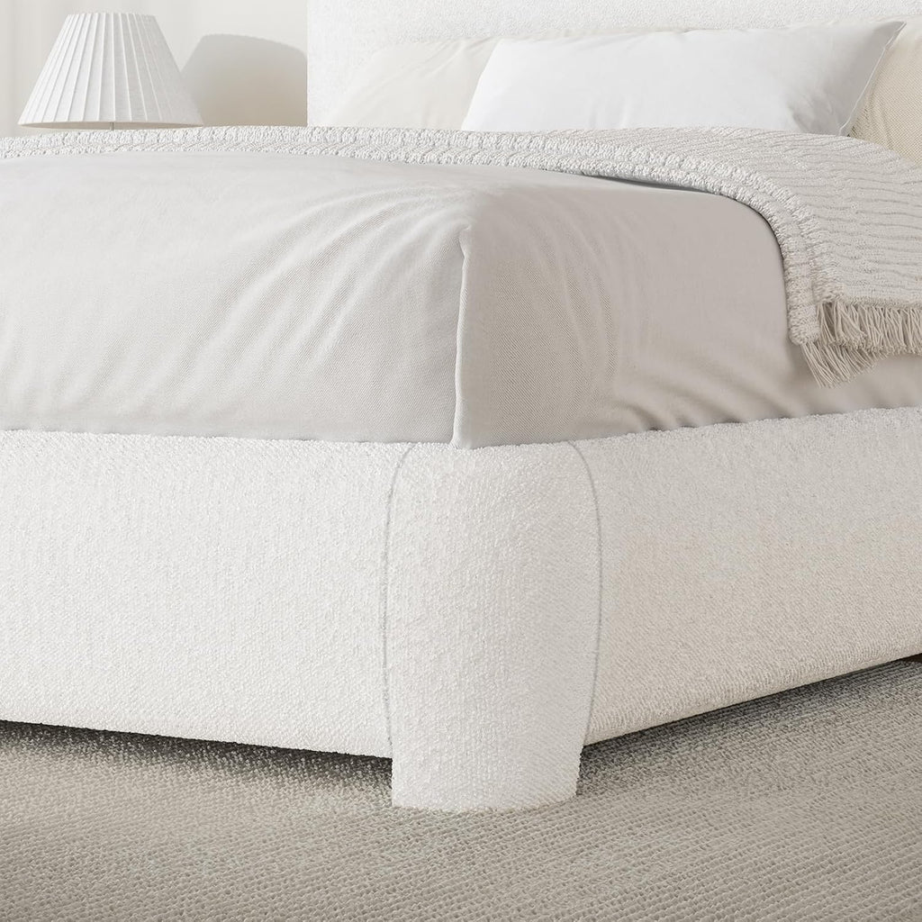 BarnFurin Queen Bed Frame with Headboard, Boucle Upholstered Platform Bed Frame, Luxurious Soft Rounded Corners, No Box Spring Required, Non-Slip and Noise-Free, Easy Assembly, White