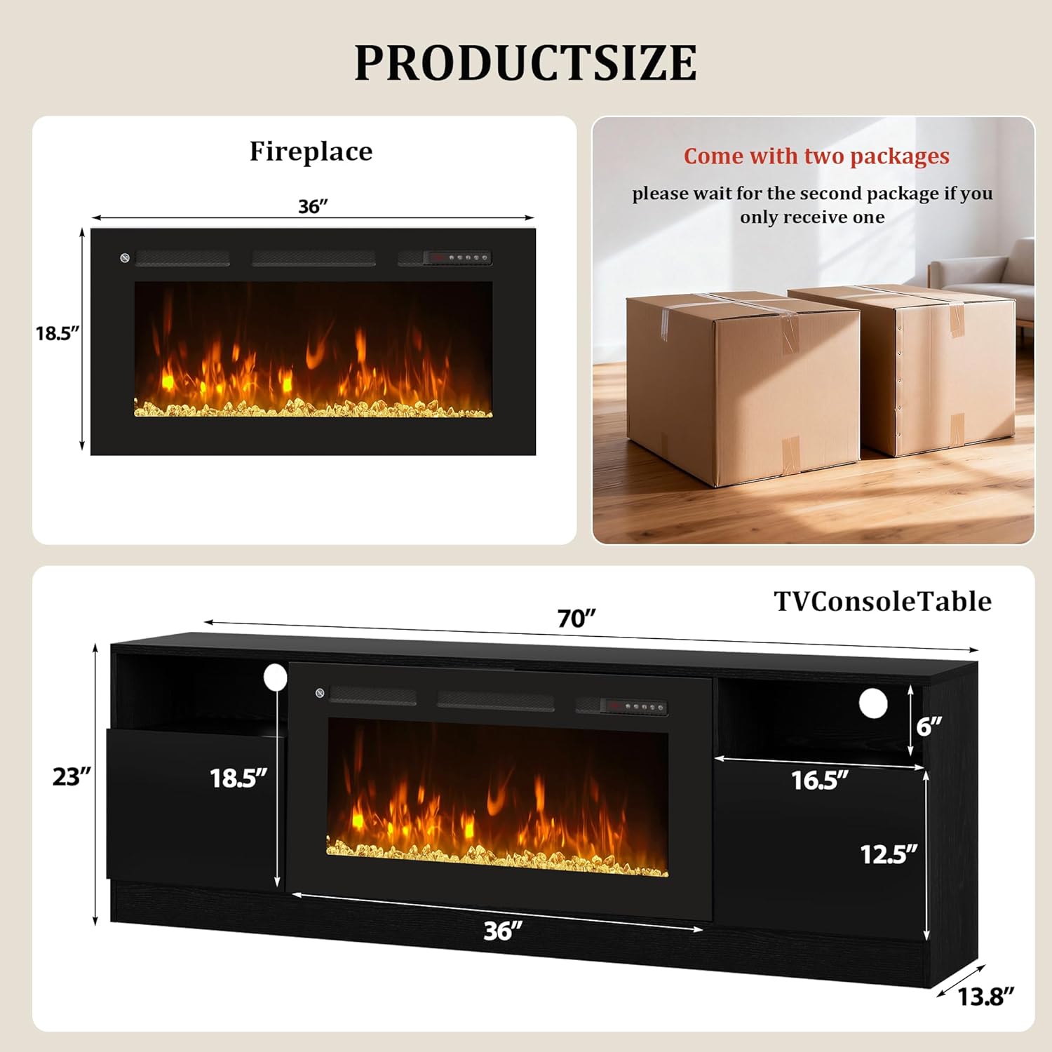 70" Fireplace TV Stand for TVs Up to 80",Entertainment Center with 36” Electric Fireplace and 12 Colors LED Lights,Large TV Console with Storage Cabinet for Living Room,All Black