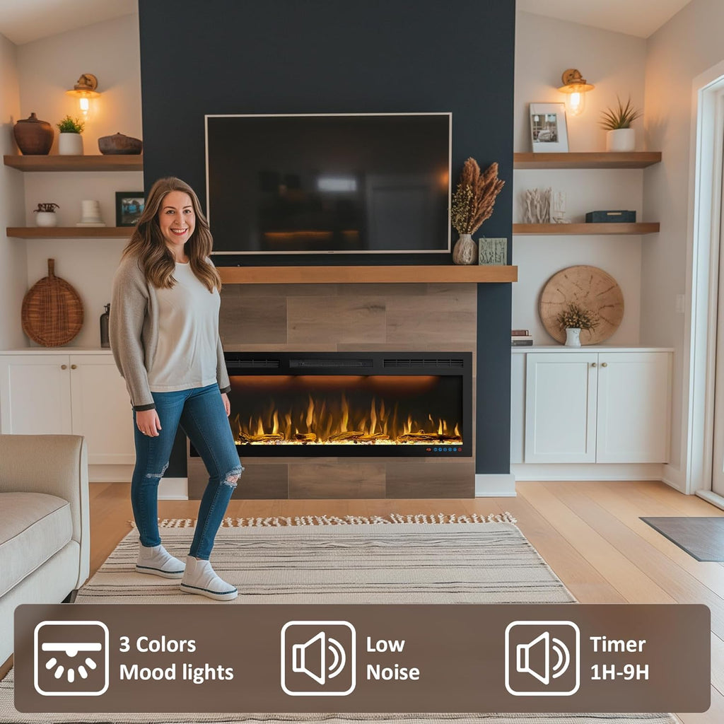 72 inches Electric Fireplace, Recessed and Wall Mounted Fireplace Heater and Linear Fireplace Inserts, Adjustable Heaing& Remote Control& Touchscreen, Multicolor Flame & Realistic logs,1500W, Black