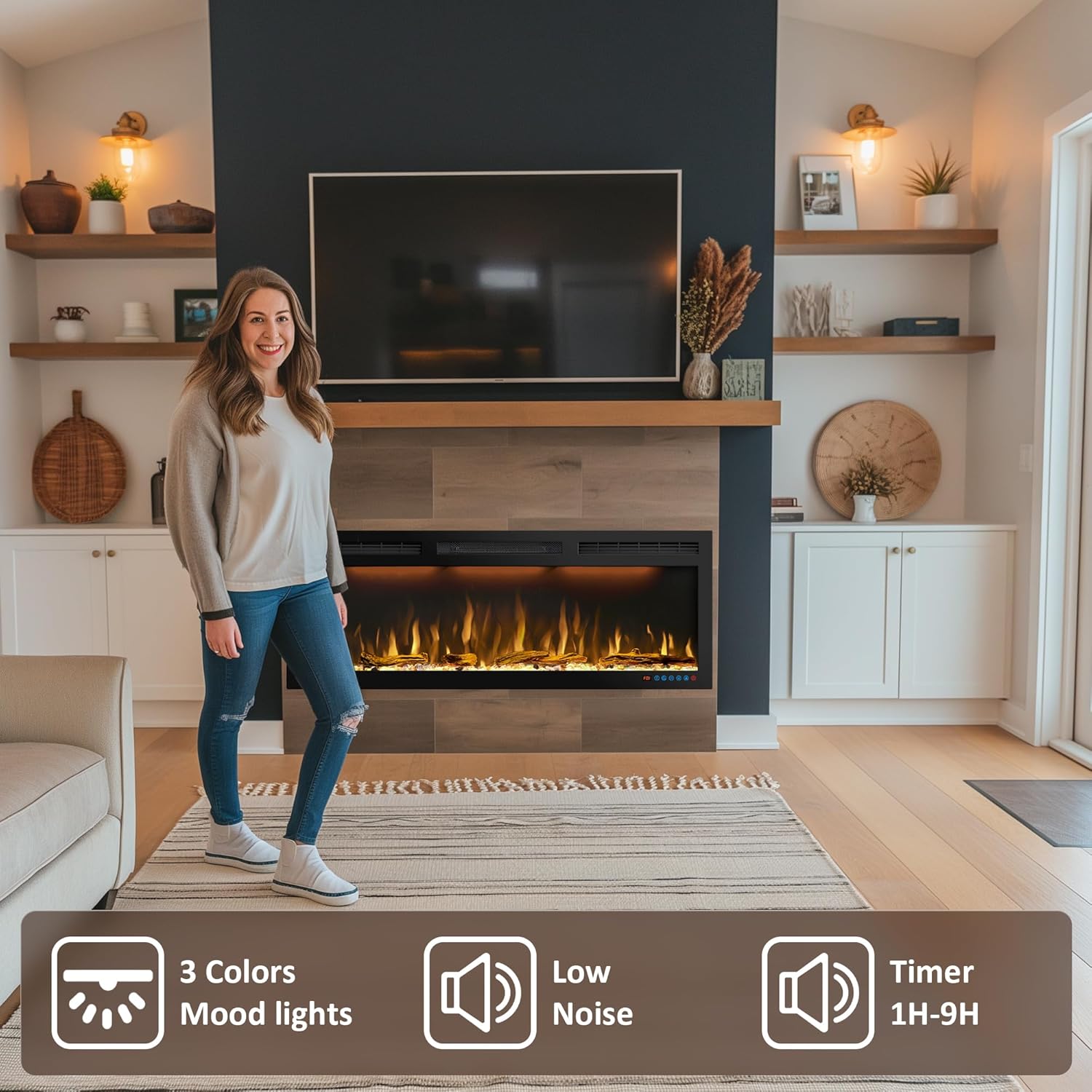 72 inches Electric Fireplace, Recessed and Wall Mounted Fireplace Heater and Linear Fireplace Inserts, Adjustable Heaing& Remote Control& Touchscreen, Multicolor Flame & Realistic logs,1500W, Black