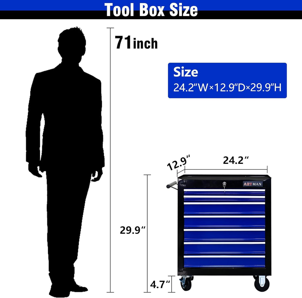 7 Drawers Rolling Tool Cart on Wheels, Multifunctional Organizer Tool Chest Tool Case , Trolley Tool Storage Tool Box for Workshop,Garage,Repair Shop (7 Drawers 24.2"W×12.9"D×29.9"H-Black&Blue)