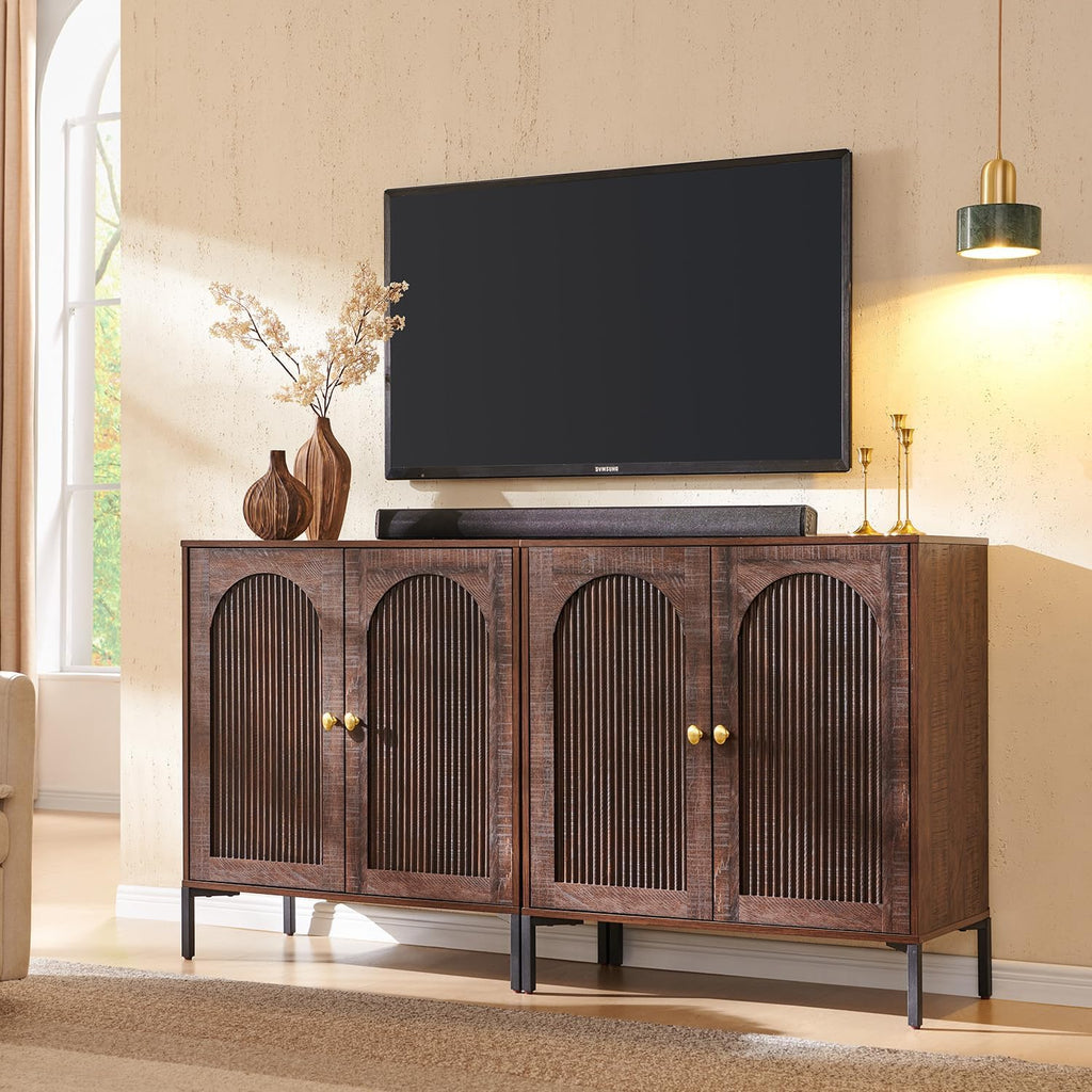 Modern TV Stands for 75 Inch TVs, 61.75‬"W Wood Entertainment Center w/Adjustable Shelves, Mid Century Modern TV Stand w/Arched Fluted Doors, Media Console Cabinet for Living Room, Brown