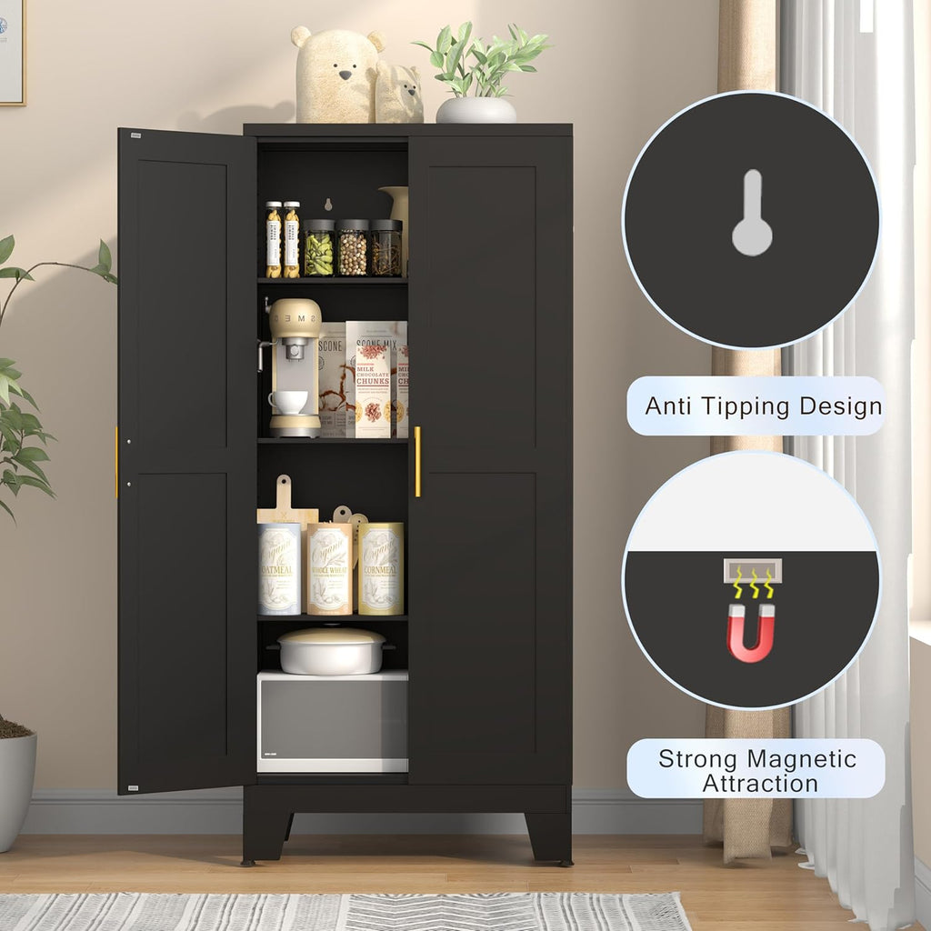 GAIOUS 61.02" Kitchen Pantry Cabinet, Pantry Storage Cabinet with 2 Doors and Adjustable Shelves, Black Food Storage for Kitchen, Living Room, Bedroom and Dining Room (Black) Metal Sideboard
