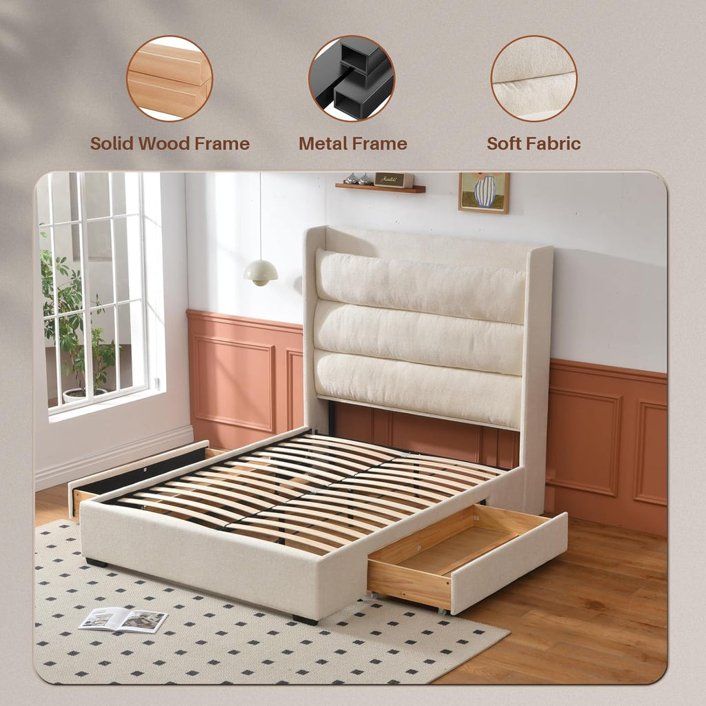 YUHUASHI Queen Storage Bed Frame with 63.4-inch High Headboard, Storage Drawers, Slatted Support, No Spring Mattress Required (Cream, Queen (U.S. Standard))