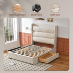 YUHUASHI Queen Storage Bed Frame with 63.4-inch High Headboard, Storage Drawers, Slatted Support, No Spring Mattress Required (Cream, Queen (U.S. Standard))