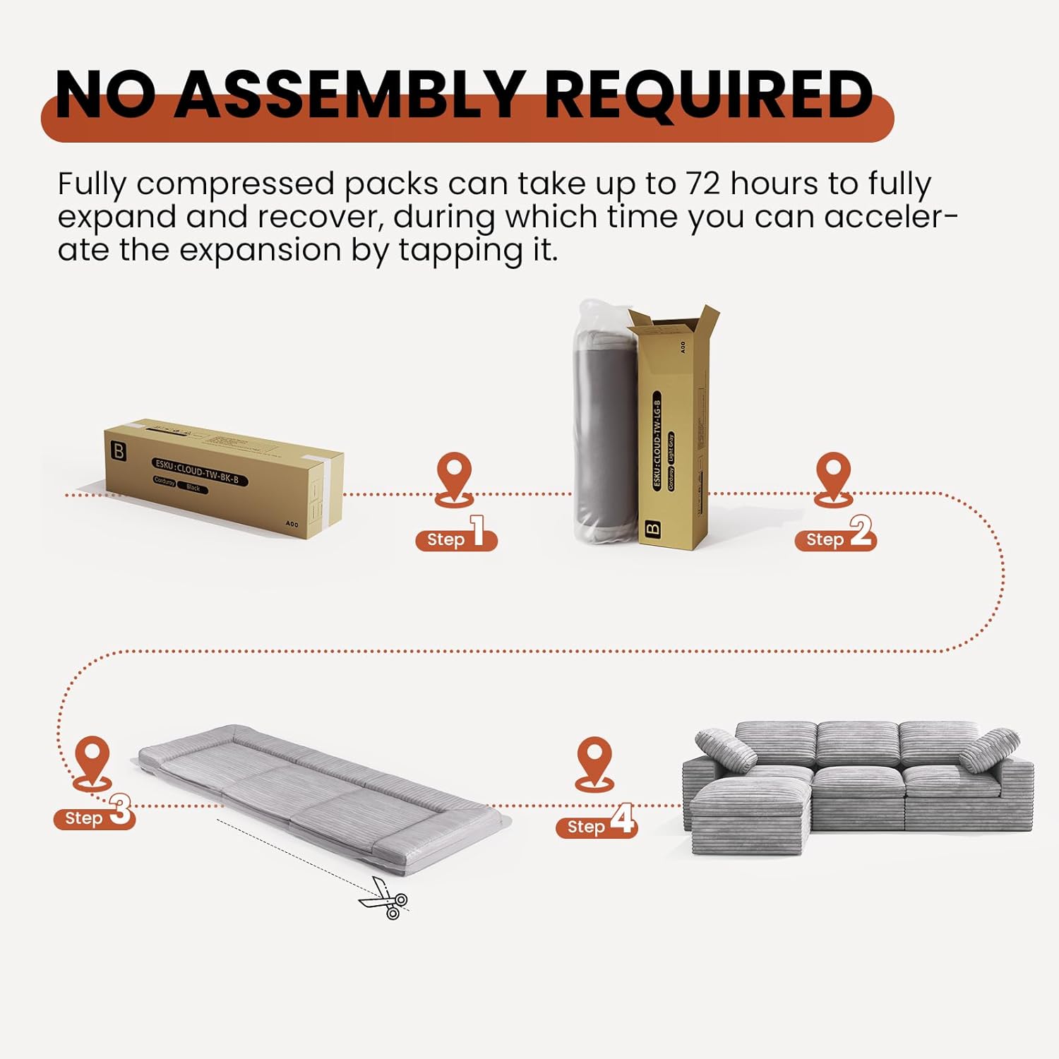 KKL 150" U Shaped Sectional Modular Boneless Sofa, 6 Seater Cloud Couch with Ottoman, Corduroy Sectional Couches for Living Room Bedroom, Grey