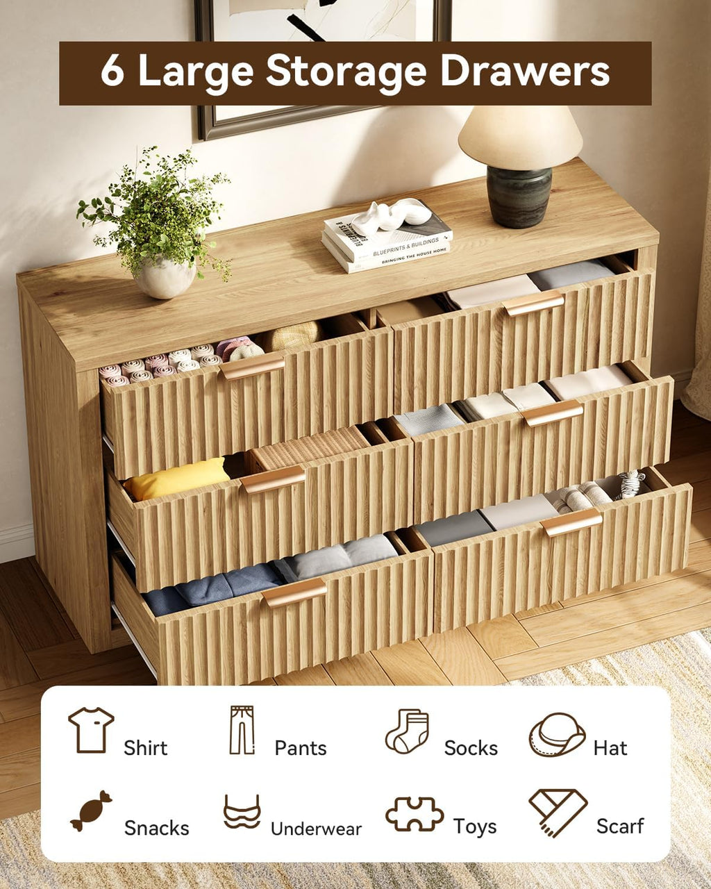 Fluted 6 Drawer Dresser for Bedroom, 54" Wide Chest of Drawers with Metal Handle, Modern Storage Dressers Organizer for Living Room, Hallway, Natural Oak